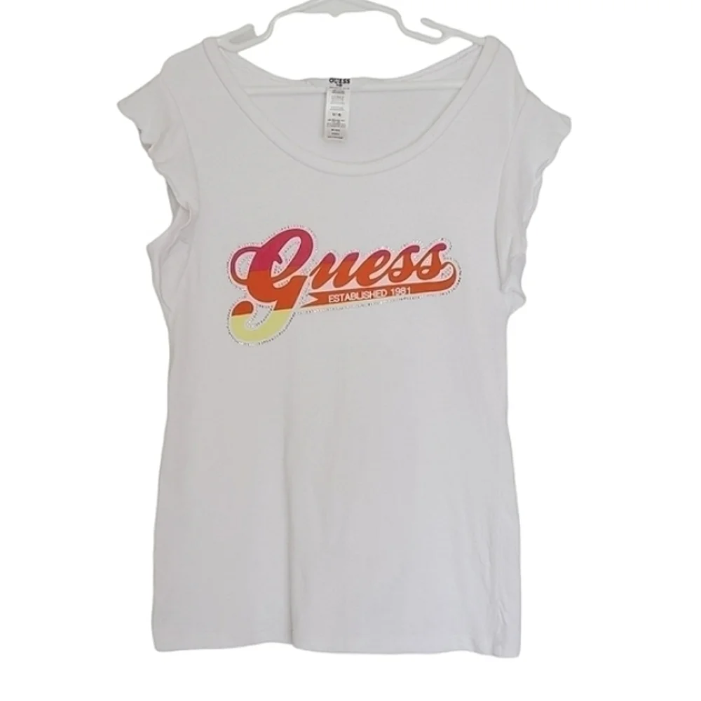 K1040 * Guess Rhinestone Ombre Logo Ruffle Sleeves Tee White Size S (7-8)